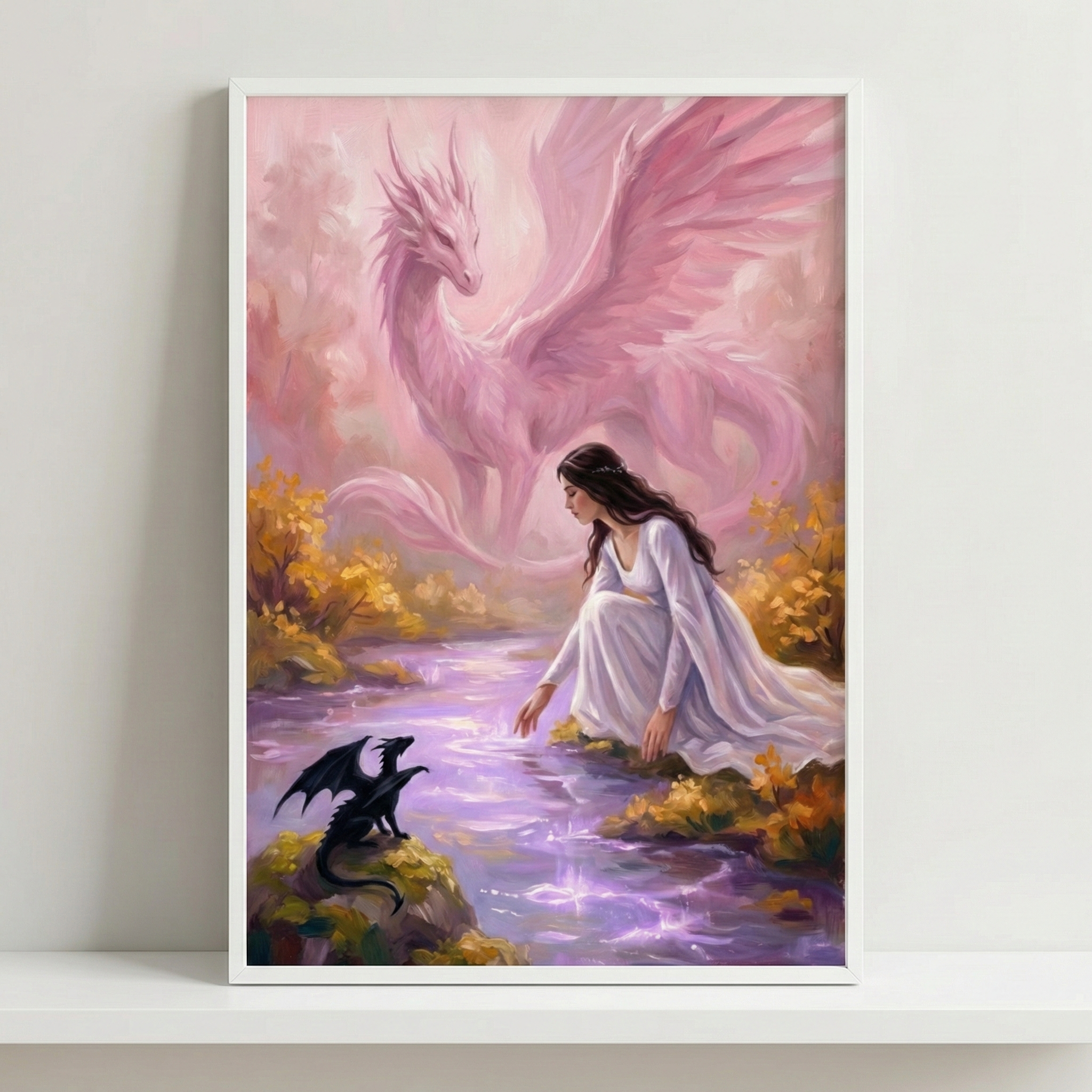 A framed painting depicts a serene scene with a woman in a flowing white dress kneeling by a shimmering stream, gently touching the water. Nearby, a small black dragon perches on a rock, while a majestic pink dragon with expansive wings watches over them from the background, surrounded by golden foliage.