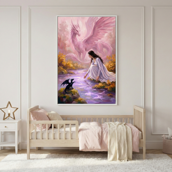 A cozy bedroom features a large, enchanting painting above the bed, depicting a woman in a white dress kneeling by a shimmering purple stream, with a small black dragon nearby and a majestic pink dragon soaring above. The room has soft pink bedding and a wooden bed, creating a serene, magical atmosphere.