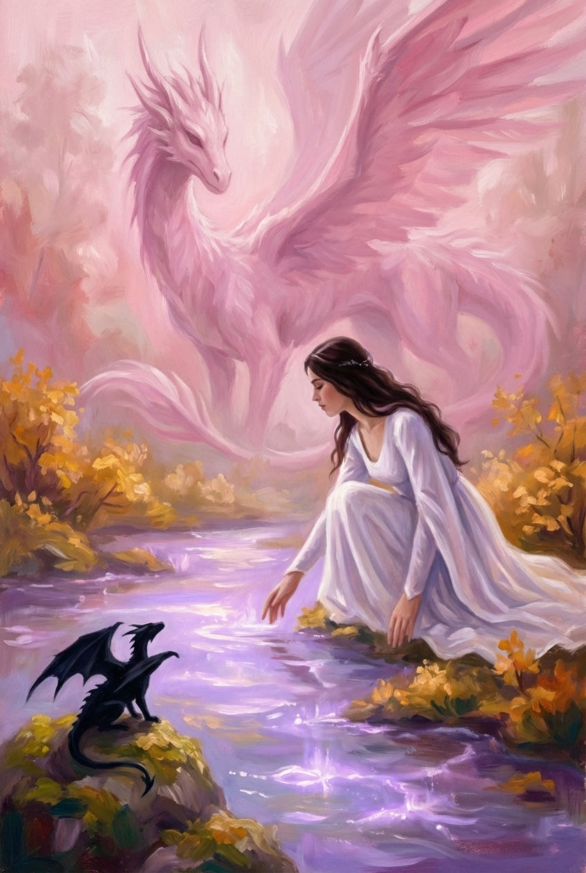 A fantasy illustration of a woman in a flowing white gown kneeling by a shimmering purple river. She gazes at a tiny black dragon on a nearby rock. Behind her, a massive, majestic pink dragon with feathery wings and a long tail rises into the misty sky. The scene is set in an ethereal forest filled with golden autumn trees. The artwork features soft, textured brushstrokes and a gentle pastel color palette, creating a serene and magical atmosphere.