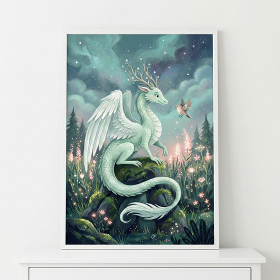 A framed vertical illustration depicts a gentle, mint-green dragon with large white feathered wings resting on a mossy rock. Its head is crowned with wooden antlers sprouting delicate white flowers. The dragon's long tail gracefully curls at the base of the rock. A small bird hovers nearby as if in conversation. They are surrounded by a lush field of glowing pink and white wildflowers against a mystical backdrop of swirling night clouds, shimmering stars, and soft celestial light.