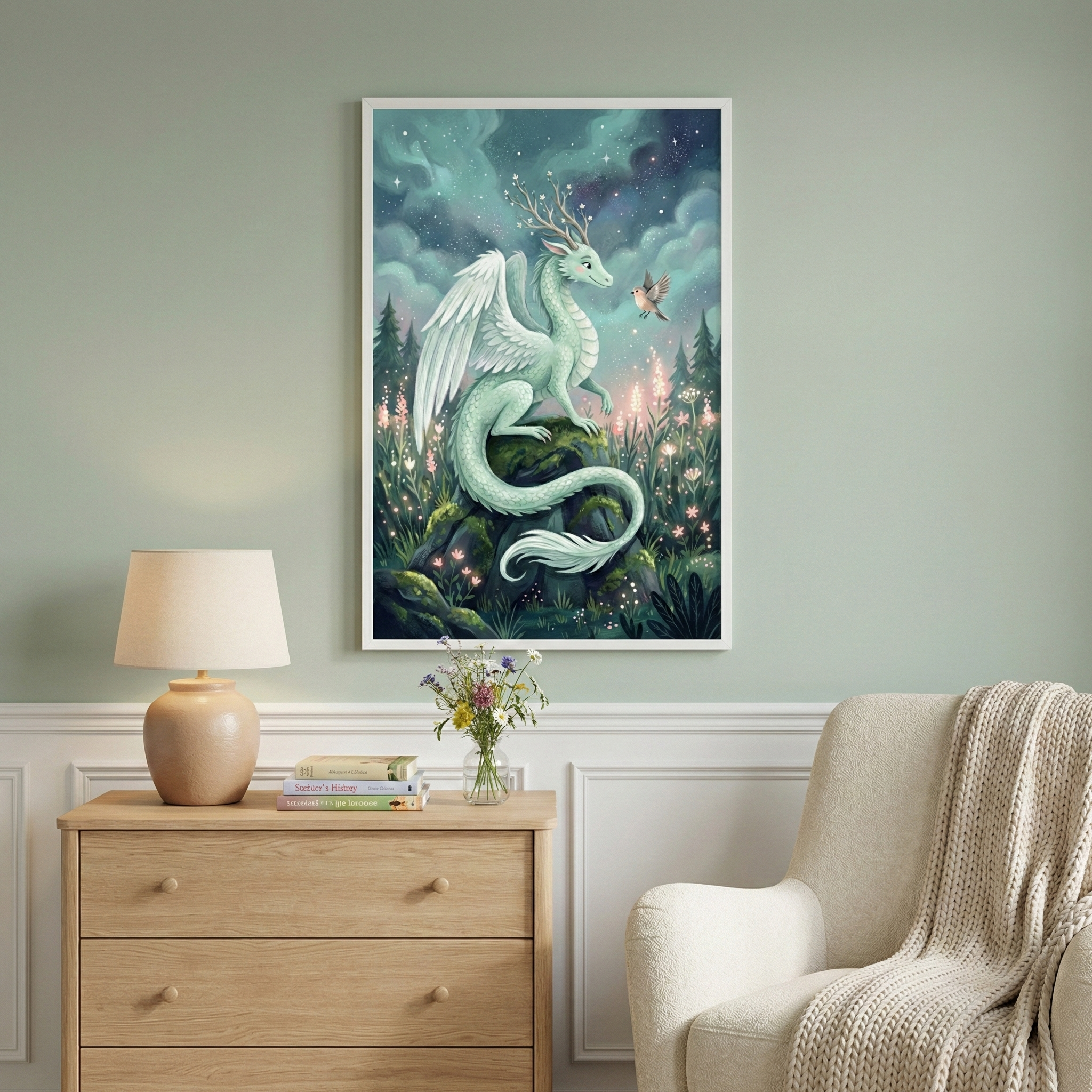 A cozy room features a framed artwork of a whimsical dragon with antlers and wings, set against a starry night sky and surrounded by lush greenery and glowing flowers. A wooden dresser with a lamp, books, and a small vase of wildflowers sits beside a comfortable beige armchair draped with a knitted blanket.