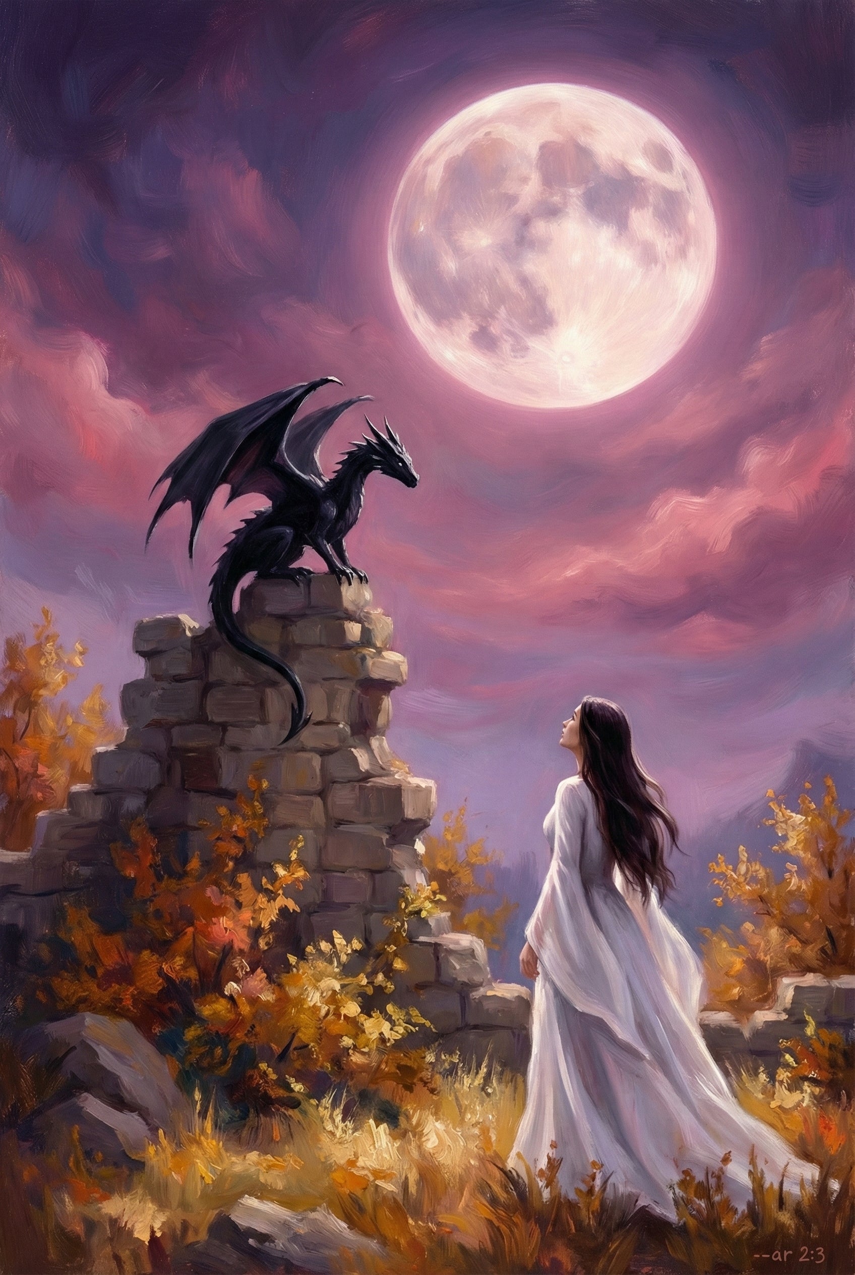 A sleek black dragon with spread wings perches atop a weathered stone ruin, looking down at a woman standing below. She has long dark hair and wears a flowing, ethereal white gown, her gaze fixed on the creature. Dominating the sky is a massive, glowing full moon set against a backdrop of swirling purple and pink clouds. The scene is grounded by autumn-colored foliage and dry grasses in shades of gold and amber, creating a mystical fantasy illustration.