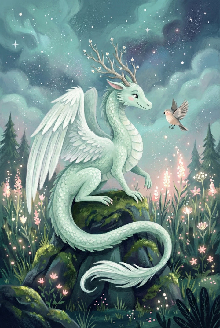A whimsical illustration of a slender, light teal dragon with large, white feathered wings and branching, flowered antlers. The dragon is perched on a mossy rock in a field of wildflowers, gazing gently at a small bird fluttering in front of it. The background features dark evergreen trees and a magical, swirling night sky filled with stars and soft, glowing clouds. The overall scene is peaceful and dreamlike, rendered in a palette of soft greens, pinks, and celestial blues.