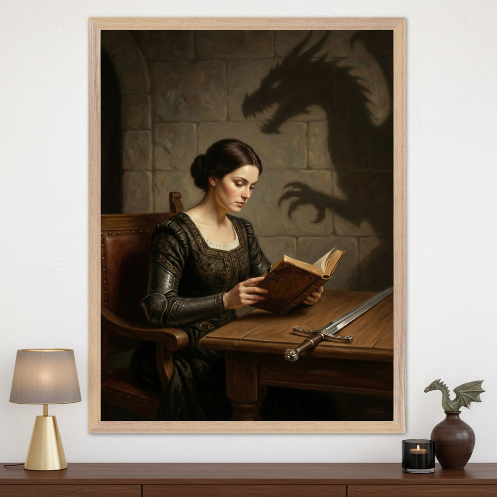 Living room with a dark wooden console table. A large framed artwork, depicting a woman in a dark dress reading a book with a sword on the table and a dragon shadow on the wall, hangs above it. A lamp, candle, and small dragon sculpture are on the table.