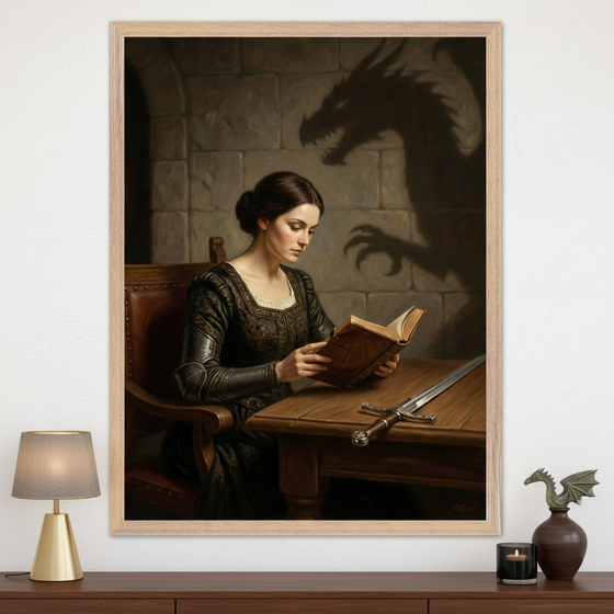 Living room with a dark wooden console table. A large framed artwork, depicting a woman in a dark dress reading a book with a sword on the table and a dragon shadow on the wall, hangs above it. A lamp, candle, and small dragon sculpture are on the table.