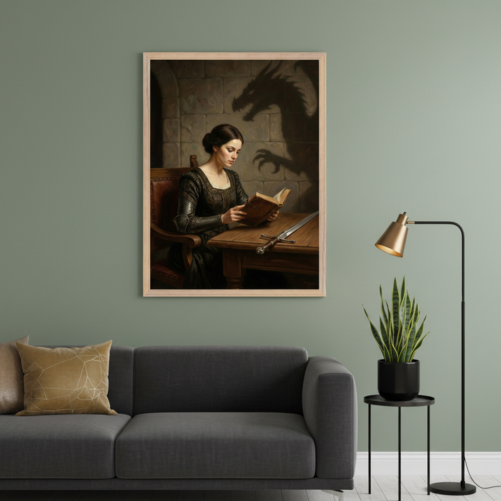 Modern living room with a dark gray sectional sofa. A large framed classical-style painting hangs centered above the left side of the sofa, depicting a woman in medieval clothing reading a book, with a sword on the table and a dragon shadow on the stone wall behind her.