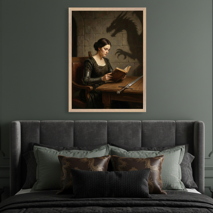 Dark green bedroom with a gray upholstered bed. A framed painting of a woman in medieval dress reading a book at a table with a dagger, and a dragon's shadow behind her, hangs centered above the bed.