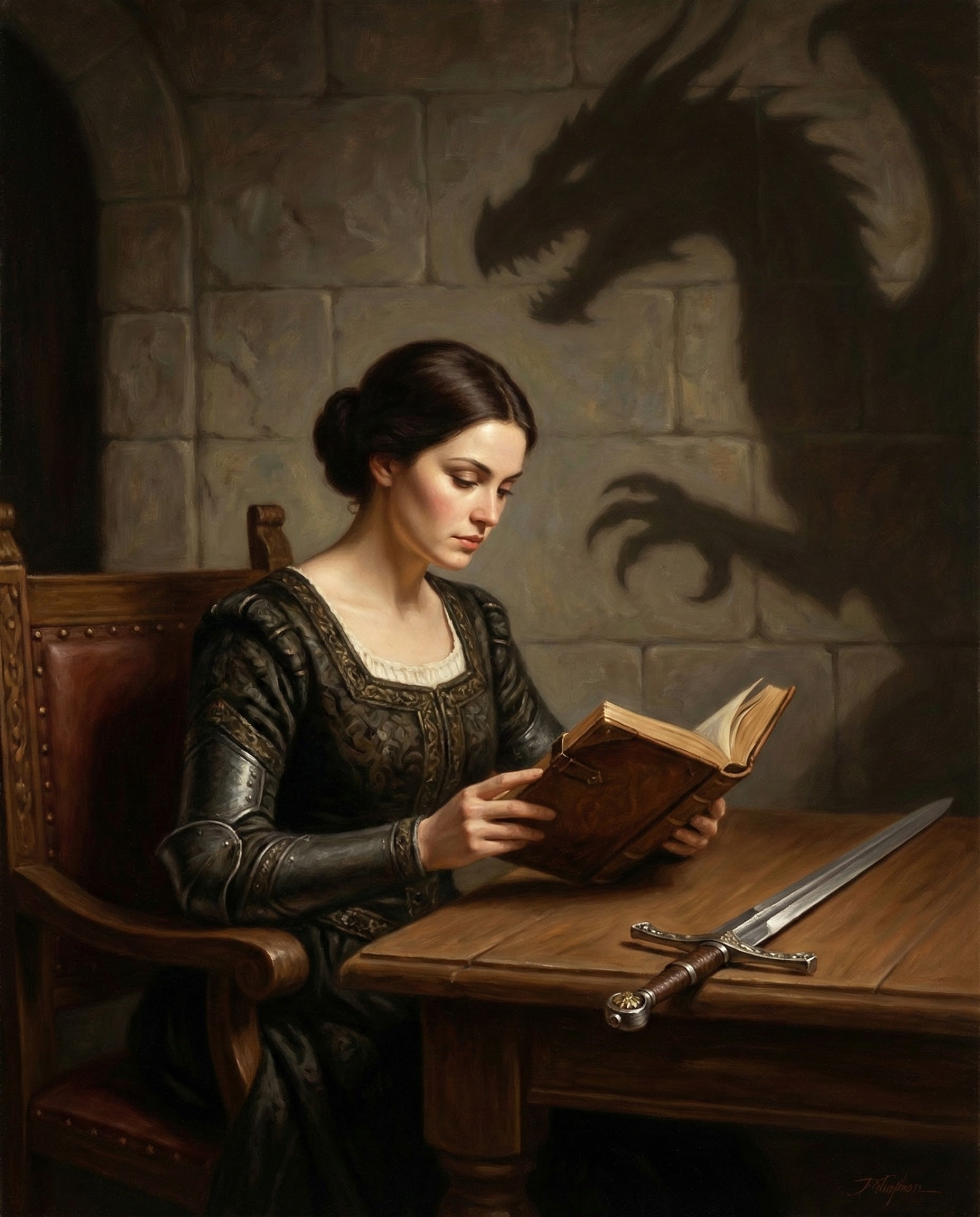 A medieval-style woman in dark armor sits at a wooden table reading a book, while a dragon’s shadow looms dramatically on the stone wall behind her, creating a mysterious and powerful storytelling moment.
