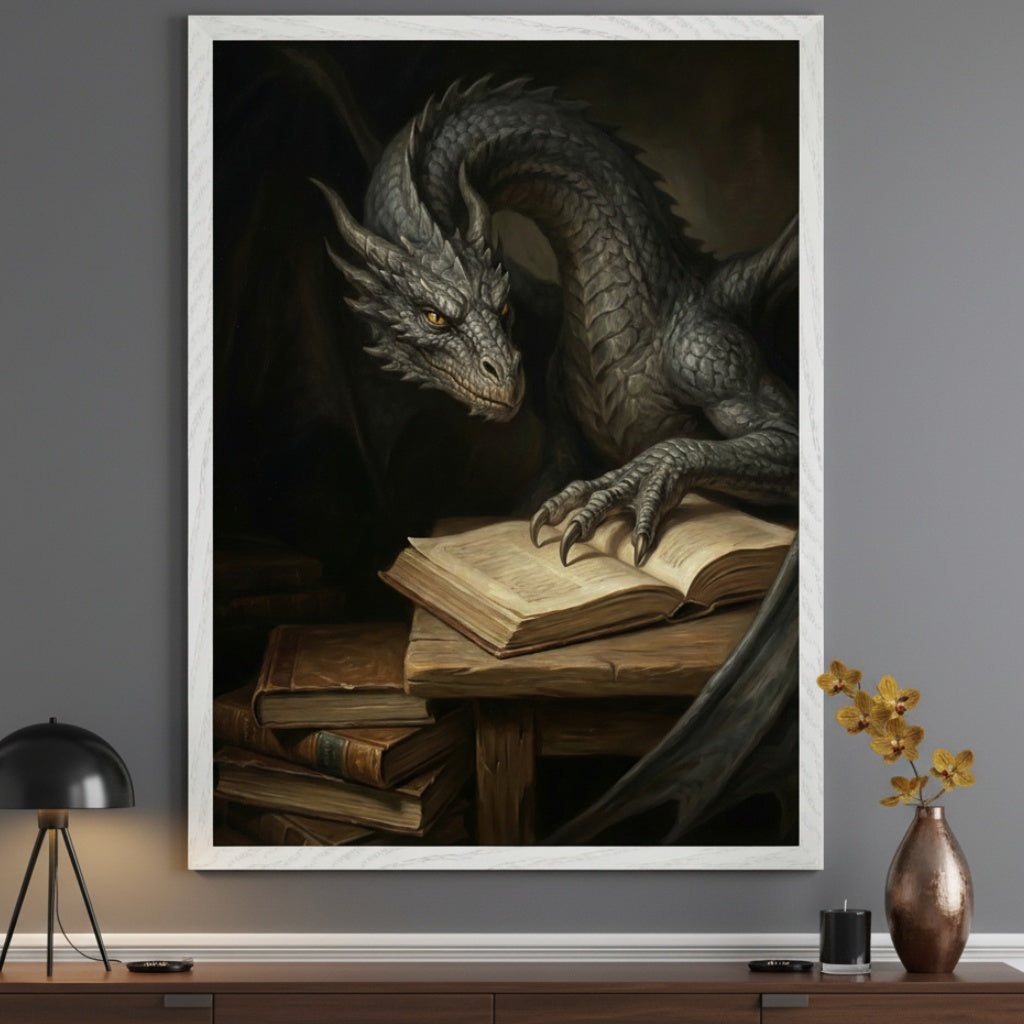 Modern room with a dark wood credenza against a gray wall. A large framed fantasy painting of a gray dragon with yellow eyes looking at an open book hangs centered above the credenza. Books are stacked on a wooden table next to the dragon's claw.