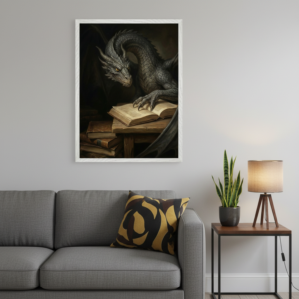 Modern living room with a gray sofa. A large framed painting of a dark dragon reading an open book hangs above the sofa, off-center to the left. A side table with a plant and lamp sits next to the sofa.