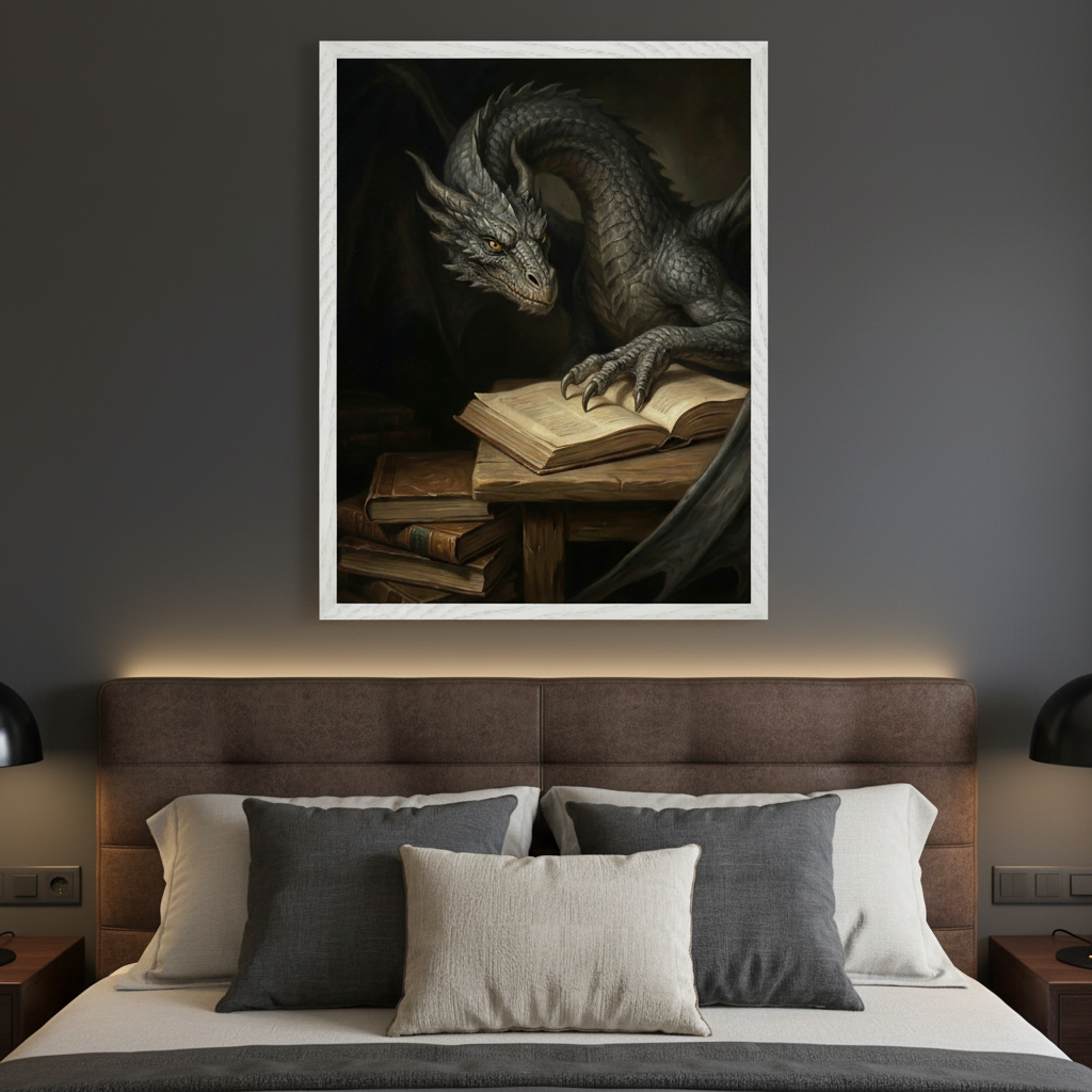 Modern bedroom with a brown bed. A large framed fantasy painting of a grey dragon with yellow eyes reading an open book is centered above the bed.