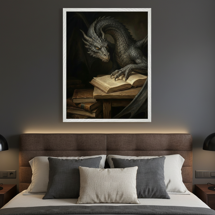 Modern bedroom with a brown bed. A large framed fantasy painting of a grey dragon with yellow eyes reading an open book is centered above the bed.