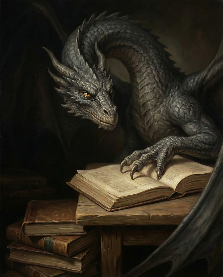 Dark fantasy artwork of a black-scaled dragon intensely studying an open book with a clawed hand, surrounded by stacks of old books in a dimly lit space, capturing a magical and scholarly vibe.
