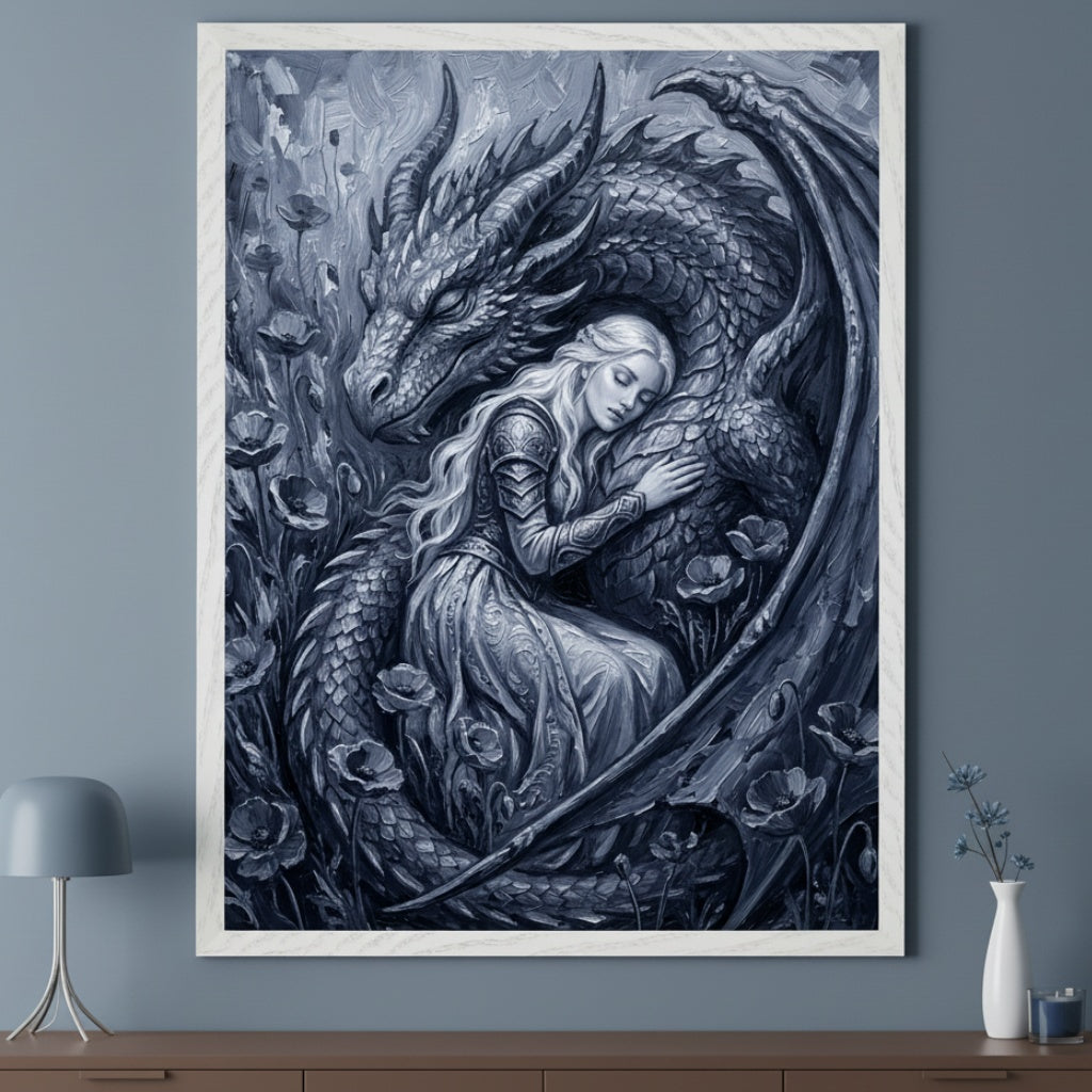 Ethereal Guardian Embrace - Dragon Framed Wall Art for Living Room, Bedroom or Office