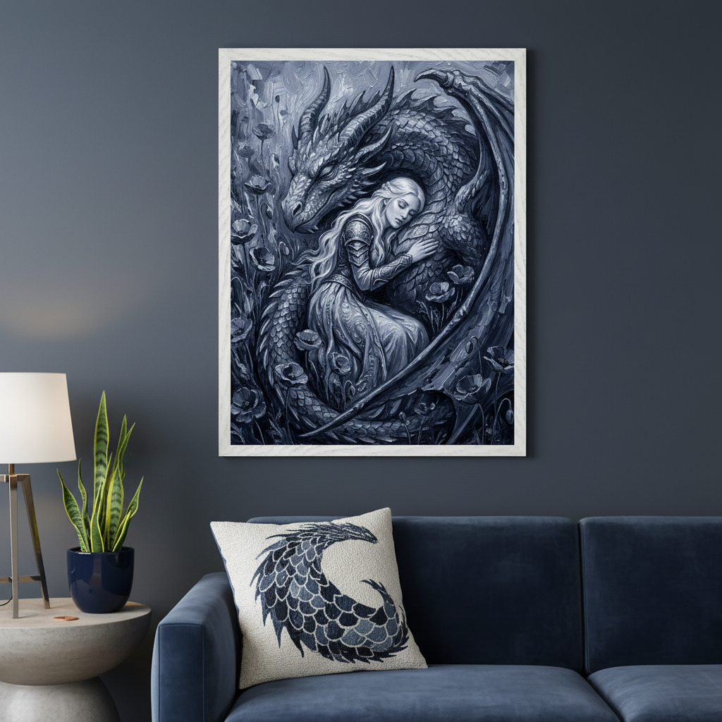 Modern living room with a dark blue velvet sofa. A large framed grayscale painting of a sleeping woman embracing a large dragon surrounded by flowers hangs centered above the sofa. A side table with a lamp, a snake plant, and a dragon-embroidered pillow are present.