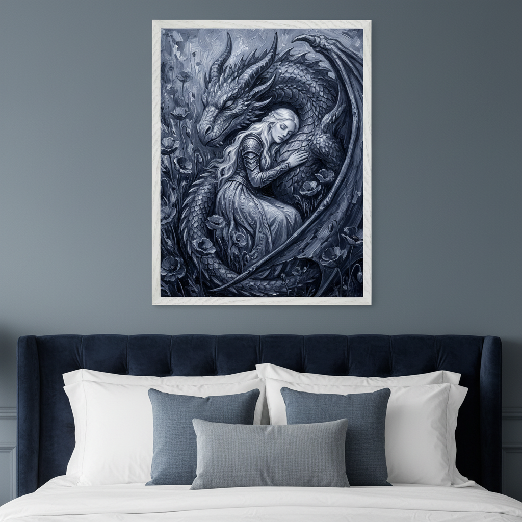 Modern bedroom with a navy blue upholstered bed. A large framed print of a monochromatic painting depicting a sleeping woman embraced by a dragon in a floral field hangs centered above the bed.