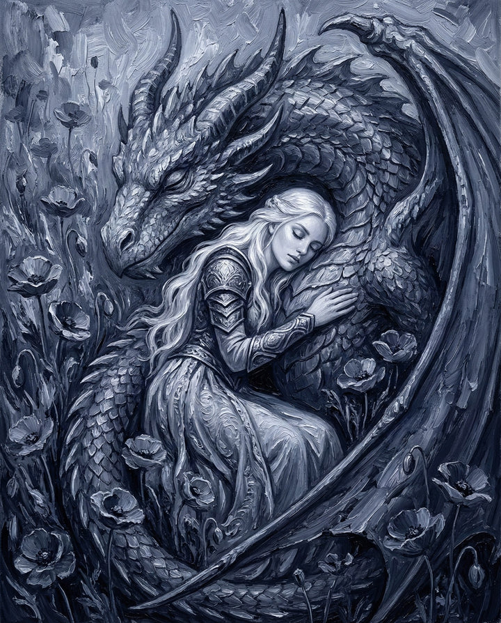 Monochrome fantasy painting of a silver-armored woman peacefully sleeping curled against a protective dragon, both surrounded by blooming flowers, symbolizing strength, trust, and companionship.
