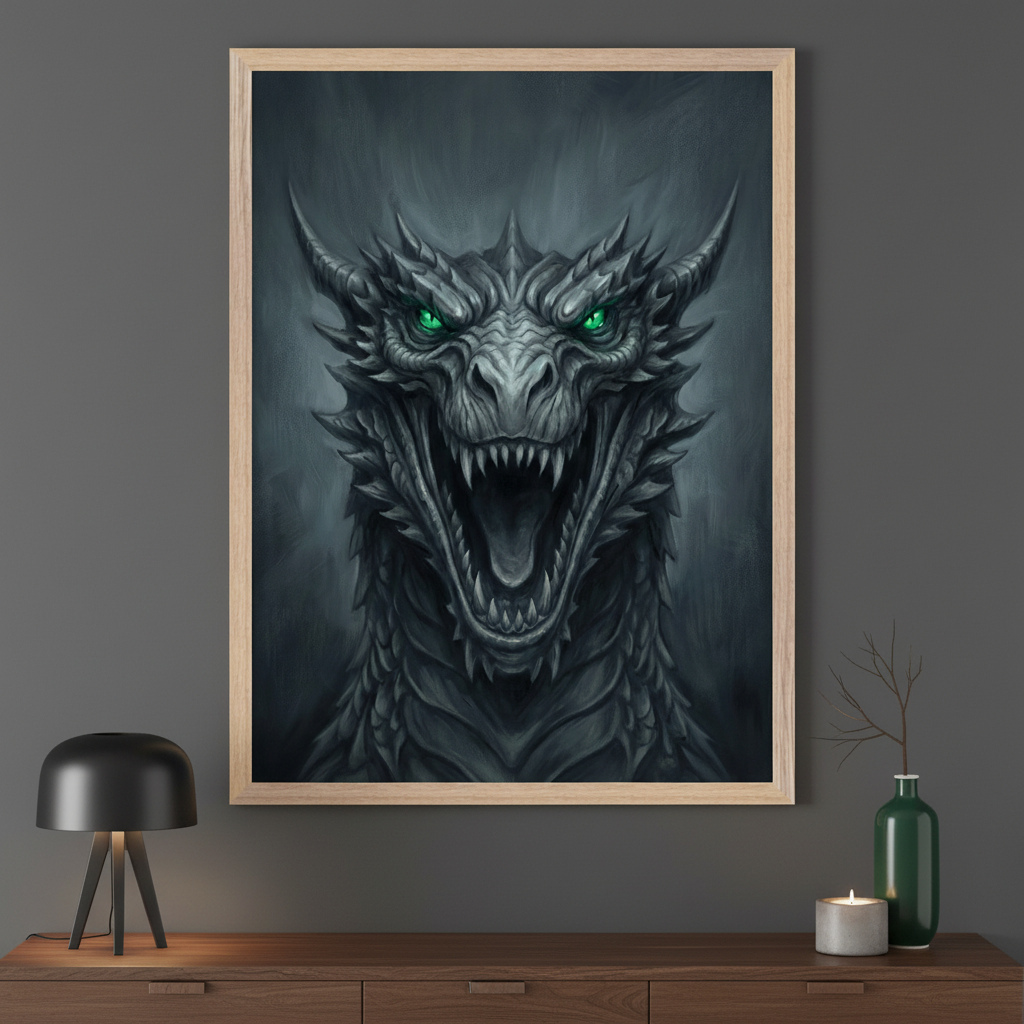Modern living room with a dark wood dresser. A large framed print of a fierce gray dragon with glowing green eyes and an open mouth hangs above the dresser. A black lamp is on the left, and a green vase with branches and a lit candle are on the right.