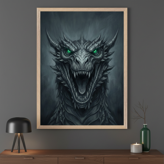 Modern living room with a dark wood dresser. A large framed print of a fierce gray dragon with glowing green eyes and an open mouth hangs above the dresser. A black lamp is on the left, and a green vase with branches and a lit candle are on the right.