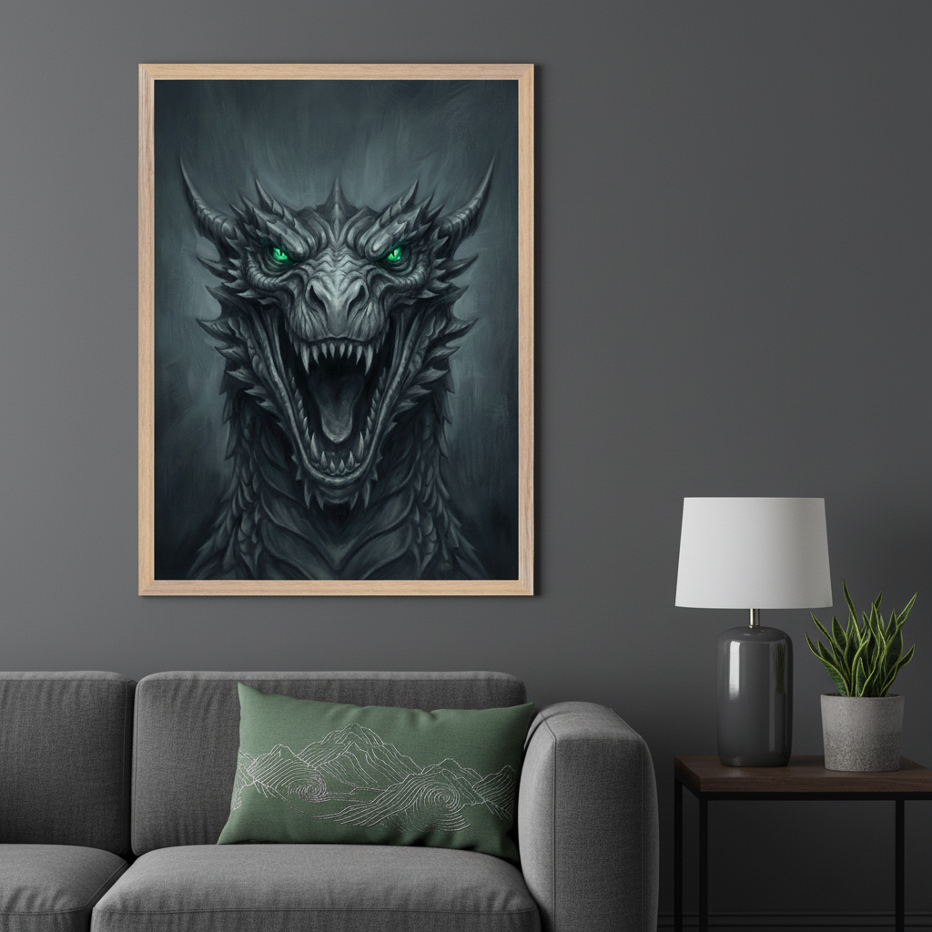 Modern living room with a gray sectional sofa and a dark side table. A large framed print of a fierce gray dragon with glowing green eyes and an open mouth hangs above the sofa.