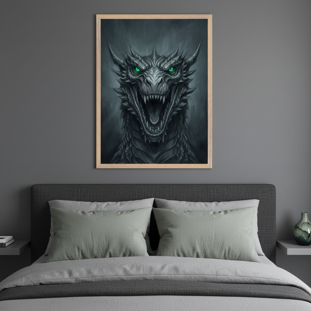 Modern bedroom with a bed featuring a dark gray headboard. A light wooden framed artwork of an open-mouthed dark gray dragon head with bright green eyes and sharp teeth hangs centered above the bed on a dark gray wall.