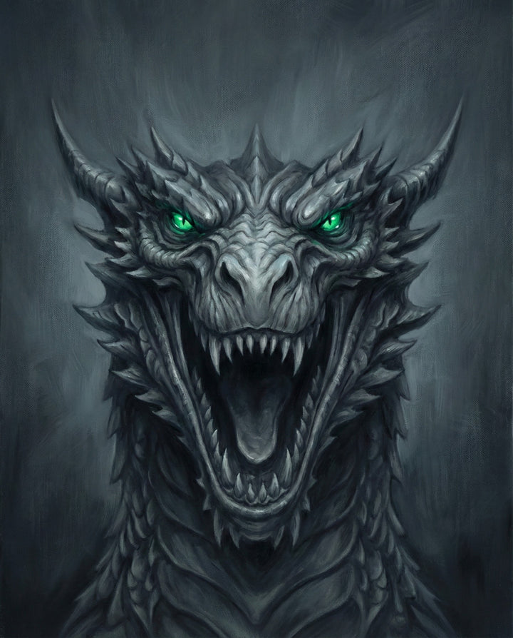 Dark, menacing dragon with sharp scales and glowing green eyes snarls with its mouth wide open, set against a moody grey background for a bold and dramatic effect.
