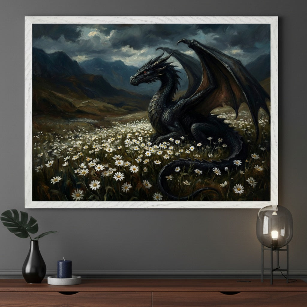 Modern room with a dark wood dresser. A large framed fantasy painting of a black dragon in a field of white daisies under a stormy sky hangs above the dresser. A black vase, candle, and lamp are on the dresser.