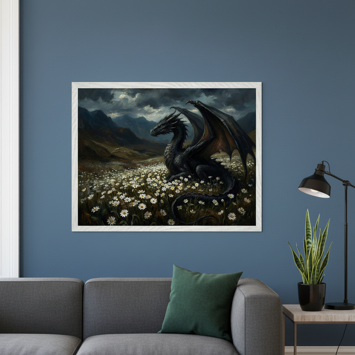 Modern living room with a gray sofa and a side table. A large framed painting of a black dragon with red eyes sitting in a field of daisies under a stormy sky, with mountains behind, hangs above the sofa.