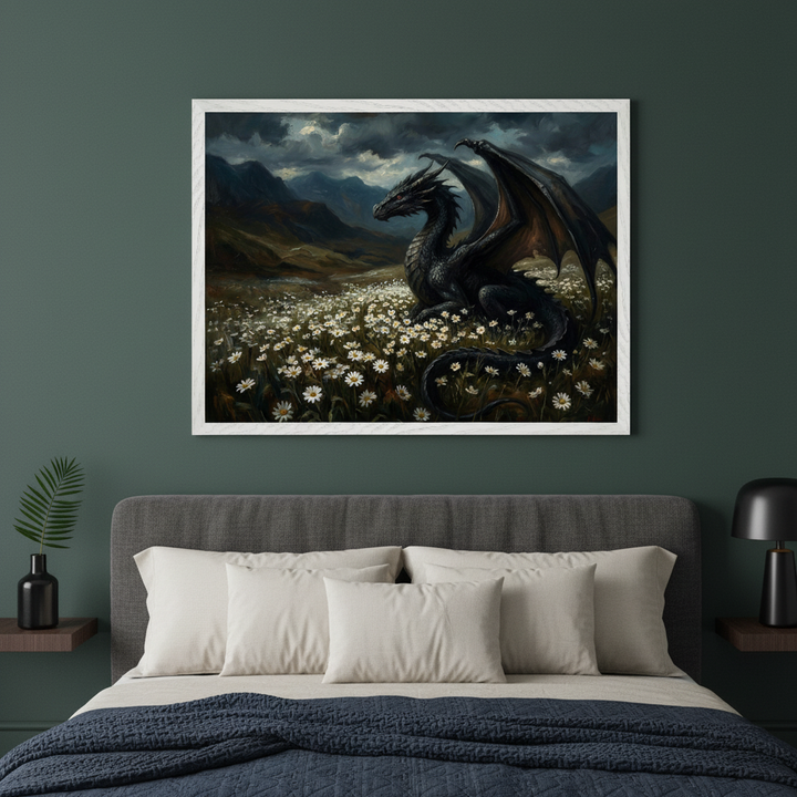 Modern bedroom with a gray upholstered bed and light pillows. A large white-framed painterly artwork depicts a black dragon in a field of white daisies with mountains under a cloudy sky, hanging centered above the bed.