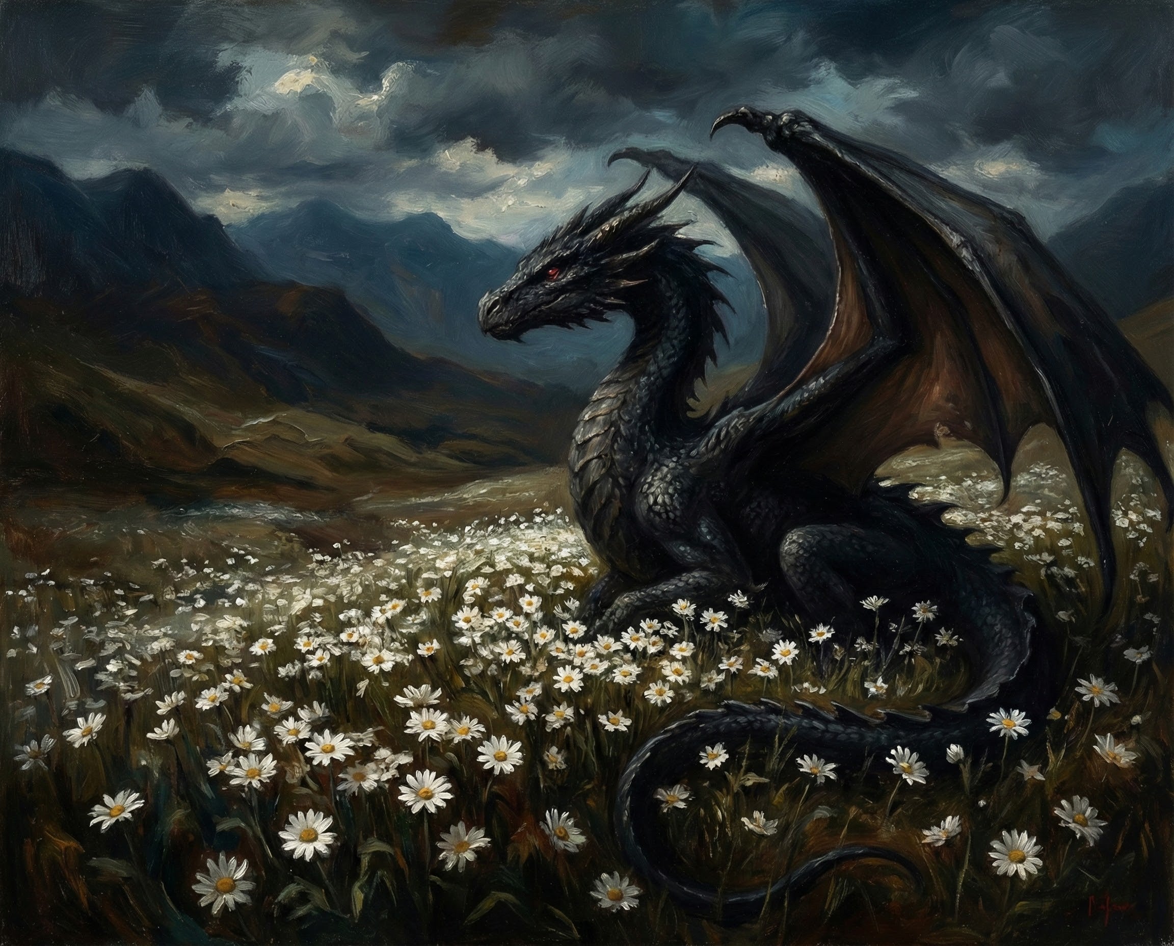 A black dragon with glowing red eyes rests in a field of white daisies under a stormy sky and mountain backdrop, blending fantasy with natural beauty.
