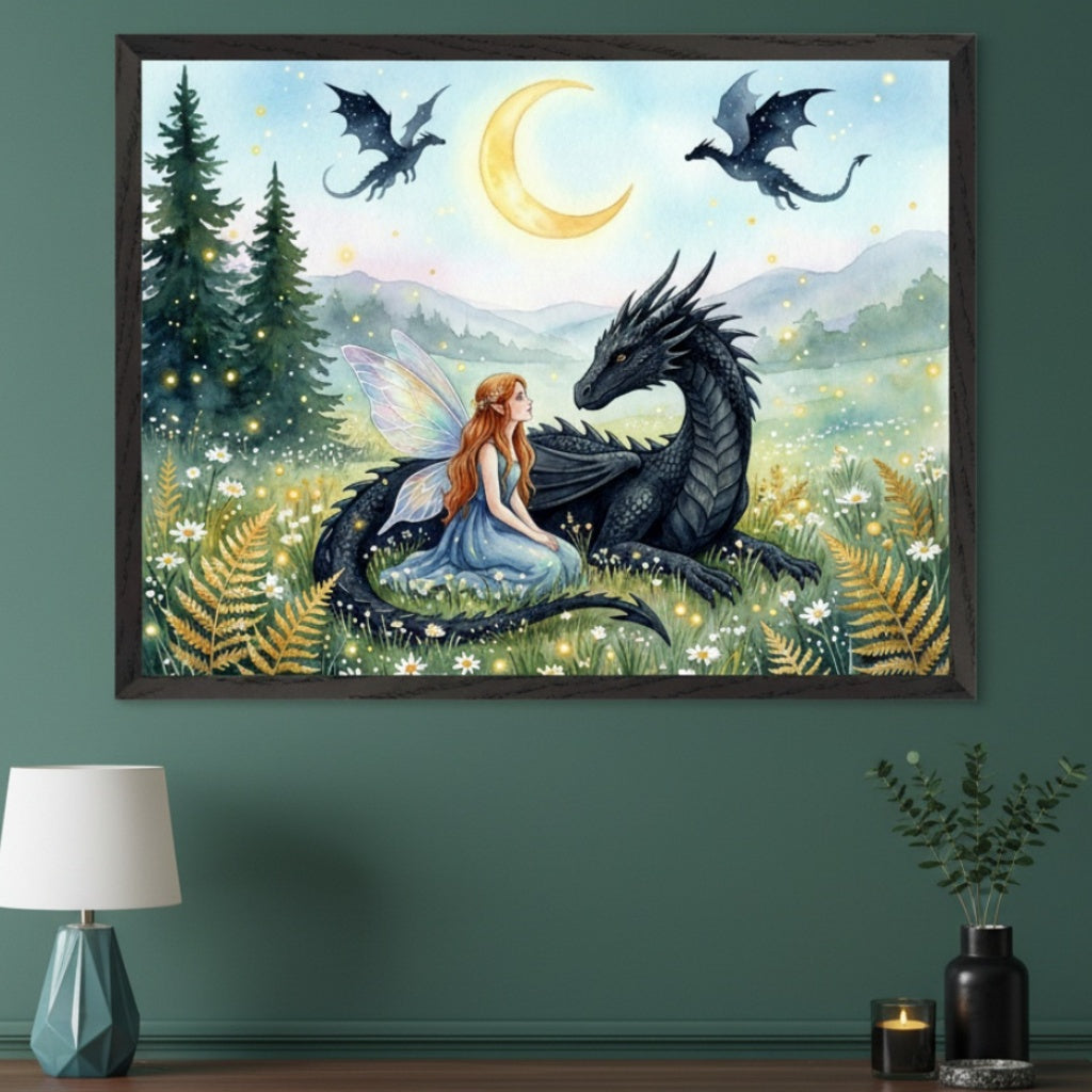 Modern room with a dark green wall and a wooden credenza. A framed watercolor painting of a black dragon and a fairy in a flower field under a crescent moon, with two flying dragons, hangs centered above the credenza.