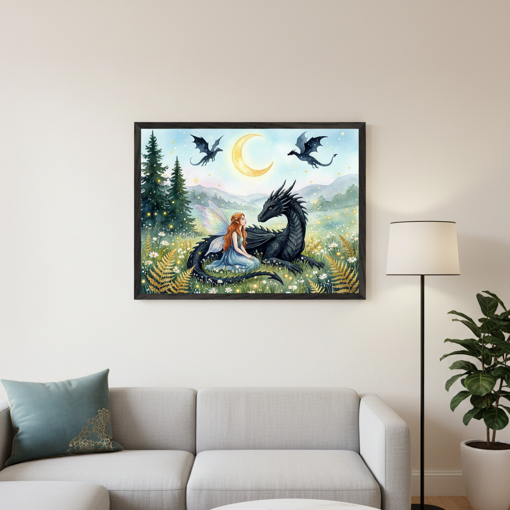 Modern living room with a light gray sectional sofa. A large framed watercolor painting of a red-haired fairy and a black dragon in a field of flowers, with flying dragons and a crescent moon, hangs above the sofa.
