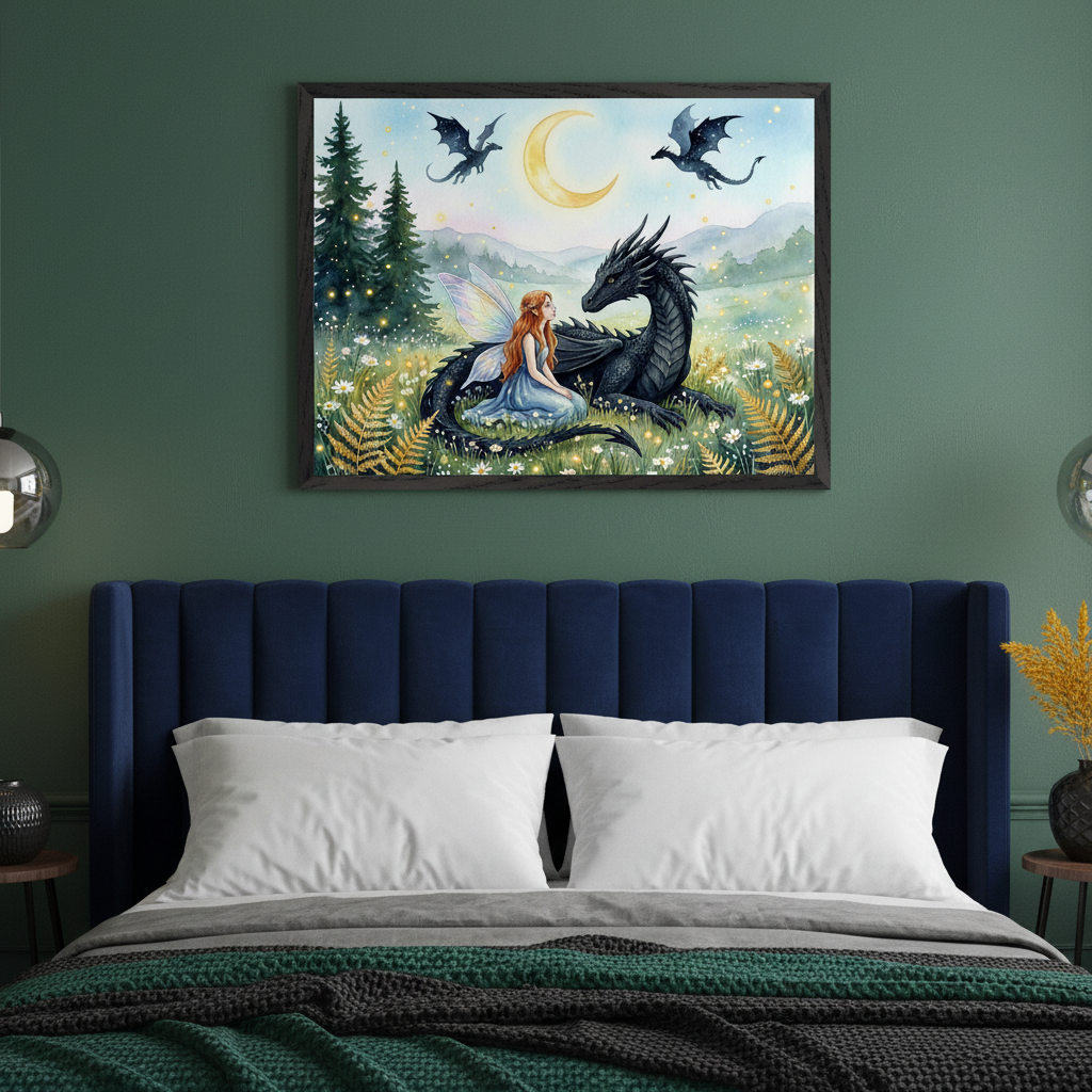 Modern bedroom with a navy blue upholstered bed, white pillows, and green blankets. A large framed watercolor art hangs above the bed, depicting a red-haired fairy with a black dragon in a field under a crescent moon, with two flying dragons.