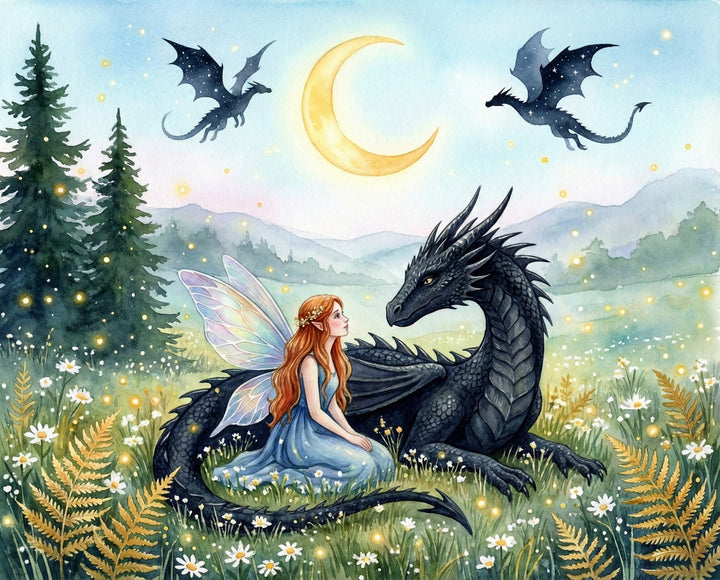A gentle black dragon lounges beside a fairy with iridescent wings in a dreamy meadow of ferns and daisies, with a glowing crescent moon and two flying dragons overhead.
