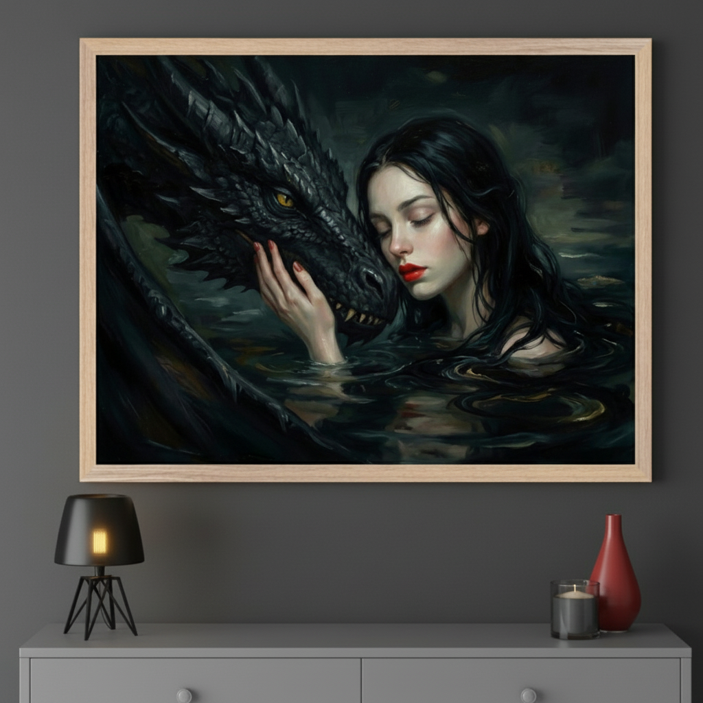 Modern room with dark gray walls. A large framed painting of a dark-haired woman with red lips embracing a black dragon in dark water hangs centered above a gray dresser. On the dresser, a black lamp, two red vases, and a lit candle are visible.