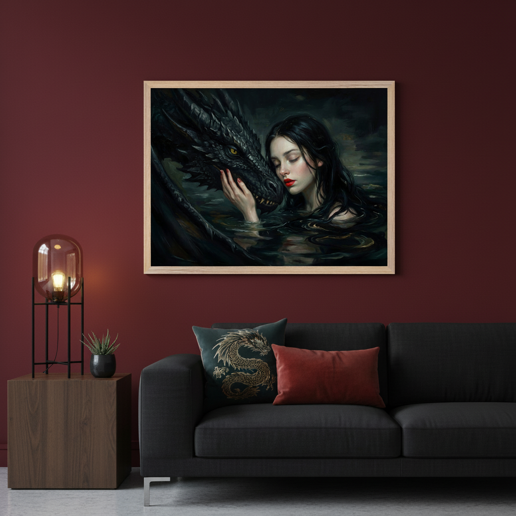 Modern living room with deep red walls. Centered above a dark gray sofa, a light wooden framed, dark fantasy style print shows a woman in dark water gently touching a black dragon's face. A wooden side table with a lamp is to the left.