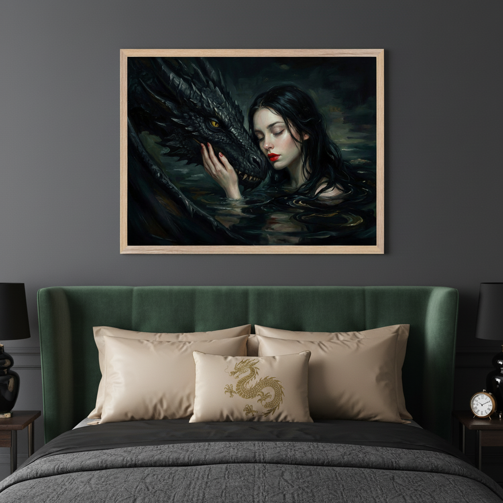 Modern bedroom with a green upholstered bed. A large framed painting of a woman with red lipstick gently touching a black dragon's head while both are in dark water hangs centered above the bed.