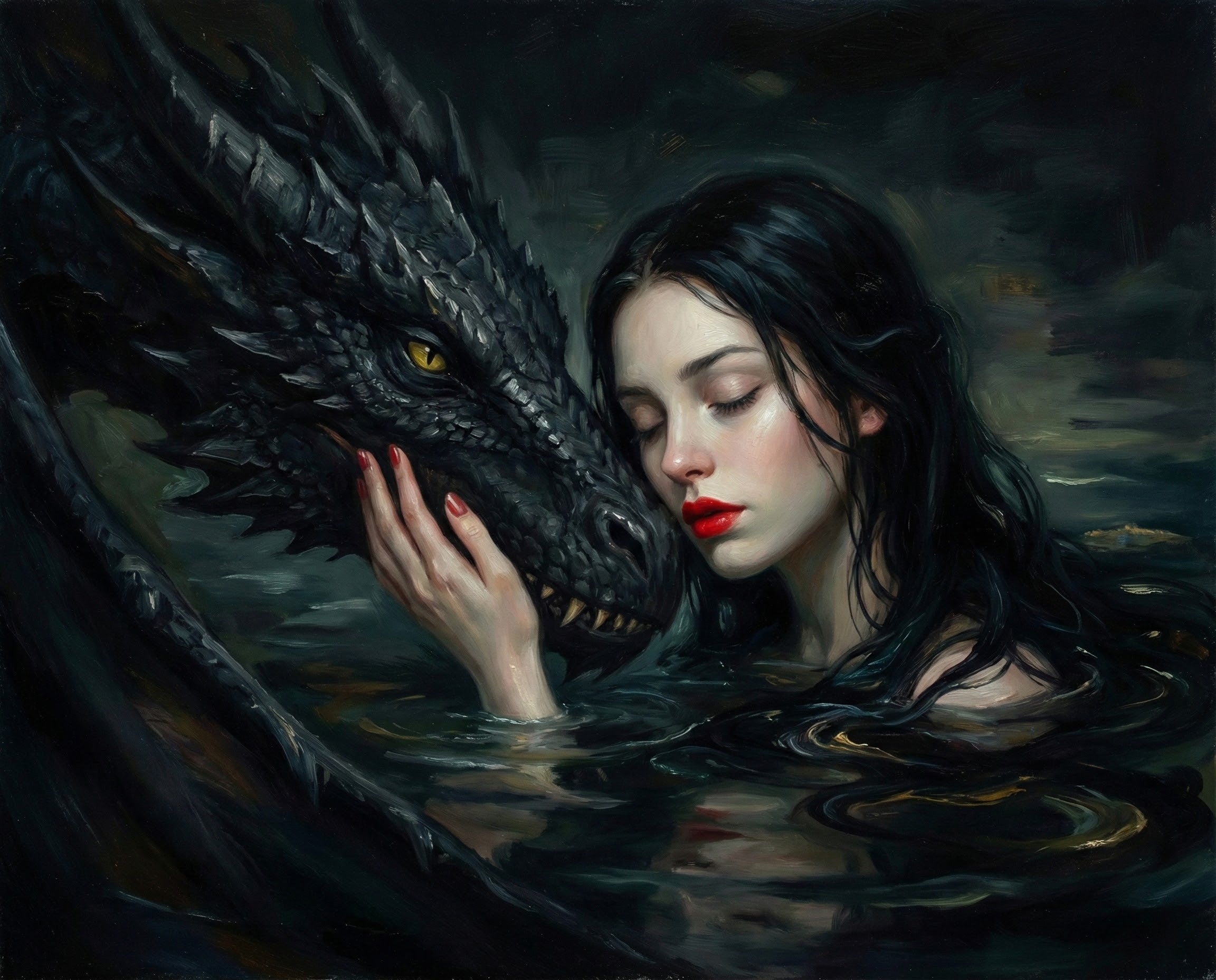 A serene scene of a young woman resting her face against a black dragon’s snout in dark water, both eyes closed, creating a mood of deep trust and fantasy connection.
A serene scene of a young woman resting her face against a black dragon’s snout in dark water, both eyes closed, creating a mood of deep trust and fantasy connection.
