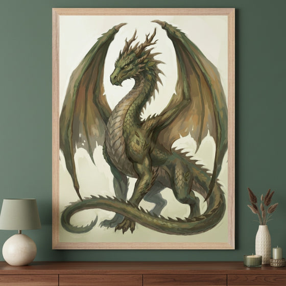 Modern room with a dark green wall and wooden dresser. A large framed print of a green dragon in a fantasy art style hangs centered above the dresser. A lamp, vase with dried plants, and two candles are on the dresser.