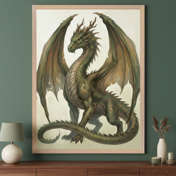 Modern room with a dark green wall and wooden dresser. A large framed print of a green dragon in a fantasy art style hangs centered above the dresser. A lamp, vase with dried plants, and two candles are on the dresser.