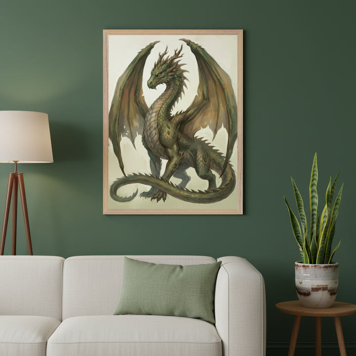 Living room with a dark green wall, cream sofa, and floor lamp on the left. A large framed painting of a green dragon with wings, in a realistic fantasy style, hangs above the sofa. A snake plant on a side table is on the right.