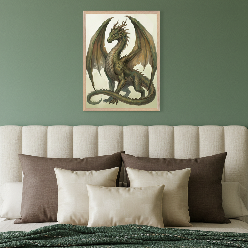 Modern bedroom with a green wall. A large framed illustration of a green and brown dragon with outstretched wings hangs centered above a bed with a cream upholstered headboard and pillows.