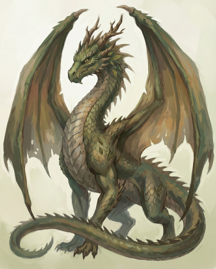 A powerful green dragon with leaf-like horns and textured scales stands tall with its wings raised, blending nature-inspired elements into a fantasy design.
