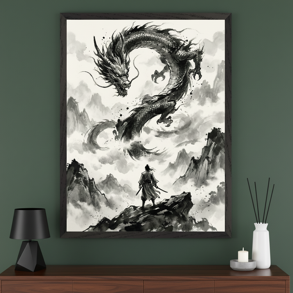 Modern room with a dark wood dresser. A large framed black and white East Asian ink wash painting hangs centered above the dresser, depicting a samurai on a mountain facing a dragon in clouds.