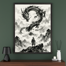 Modern room with a dark wood dresser. A large framed black and white East Asian ink wash painting hangs centered above the dresser, depicting a samurai on a mountain facing a dragon in clouds.
