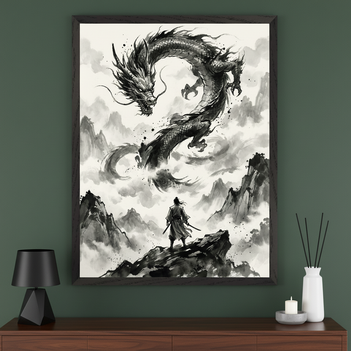 Modern room with a dark wood dresser. A large framed black and white East Asian ink wash painting hangs centered above the dresser, depicting a samurai on a mountain facing a dragon in clouds.