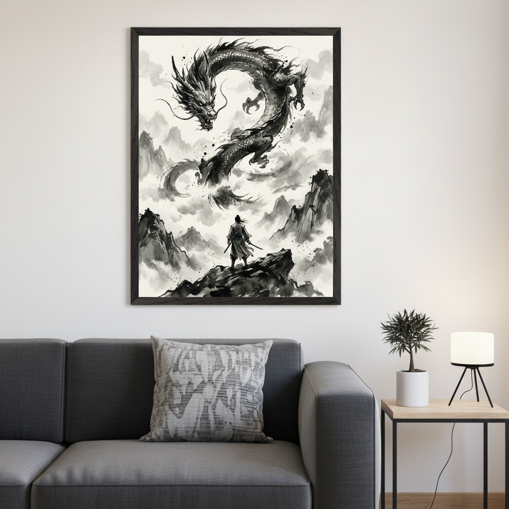 Living room with a gray sectional sofa and a side table with a lamp. A large framed black and white ink wash painting hangs above the sofa, showing a samurai facing a dragon in a misty, mountainous landscape.