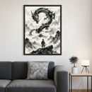 Living room with a gray sectional sofa and a side table with a lamp. A large framed black and white ink wash painting hangs above the sofa, showing a samurai facing a dragon in a misty, mountainous landscape.
