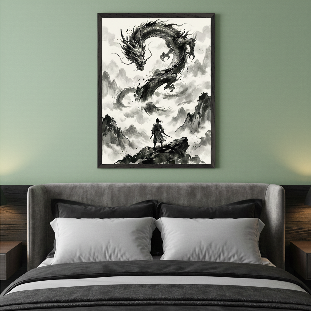 Modern bedroom with a gray upholstered bed and dark bedding. A large framed ink wash art piece featuring a black dragon in the sky above mountains and a samurai on a peak, hangs centered above the bed.