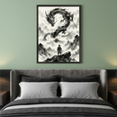 Modern bedroom with a gray upholstered bed and dark bedding. A large framed ink wash art piece featuring a black dragon in the sky above mountains and a samurai on a peak, hangs centered above the bed.